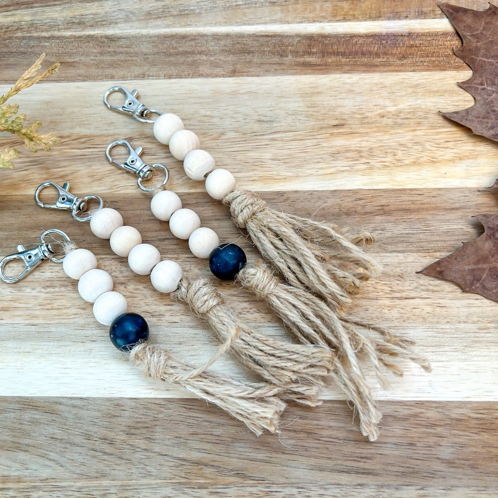 Boho Bliss: Handmade Wood Bead and Jute Keychain Set of 4